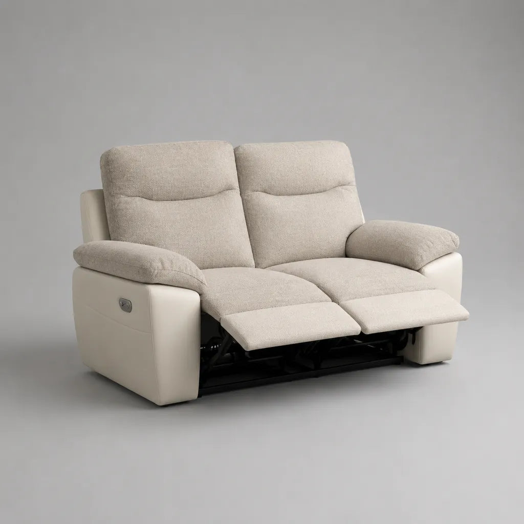 Canapé relax électrique 2 places en tissu chenille polyester et polyuréthane beige et crème, 155 × 95 × 105 cm