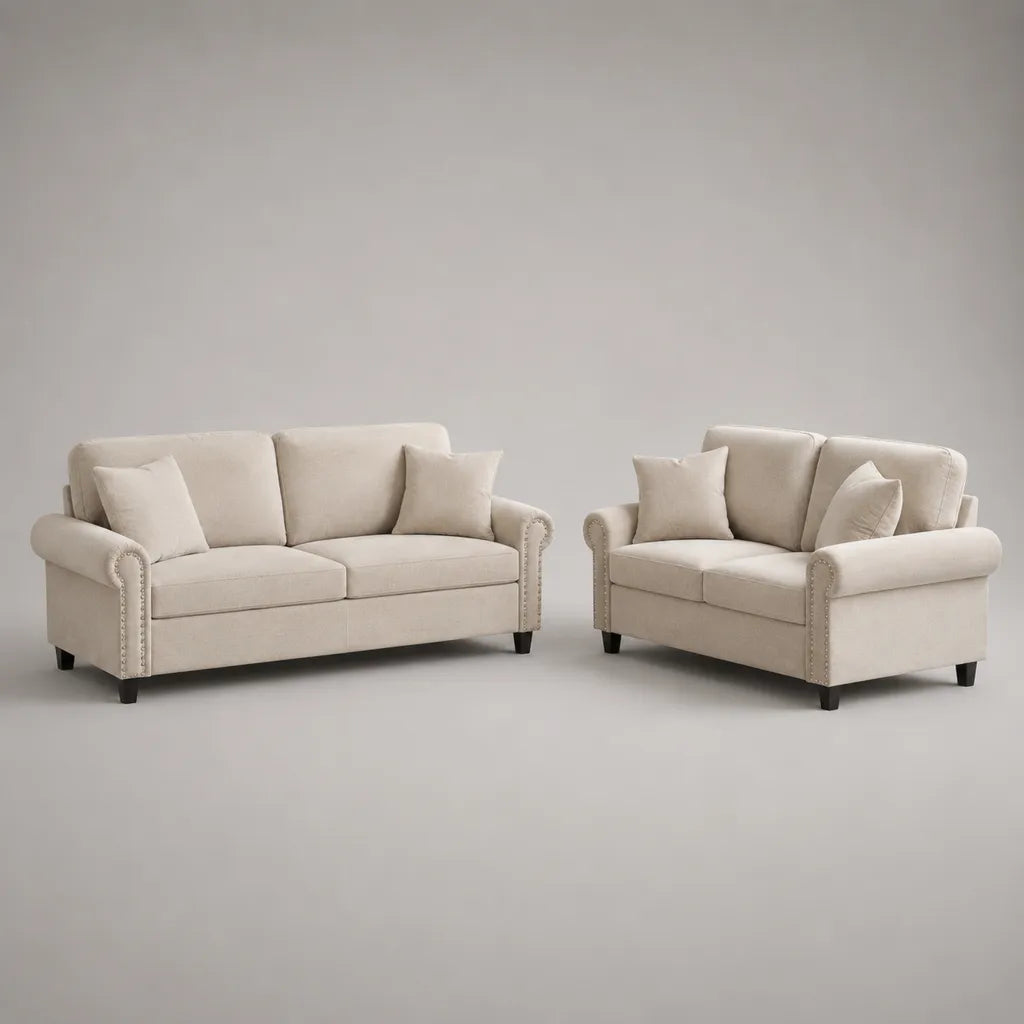 Lot de 2 canapés droits 3 et 2 places en velours polyester beige clair, 198 × 86 × 90 cm et 153 × 86 × 90 cm