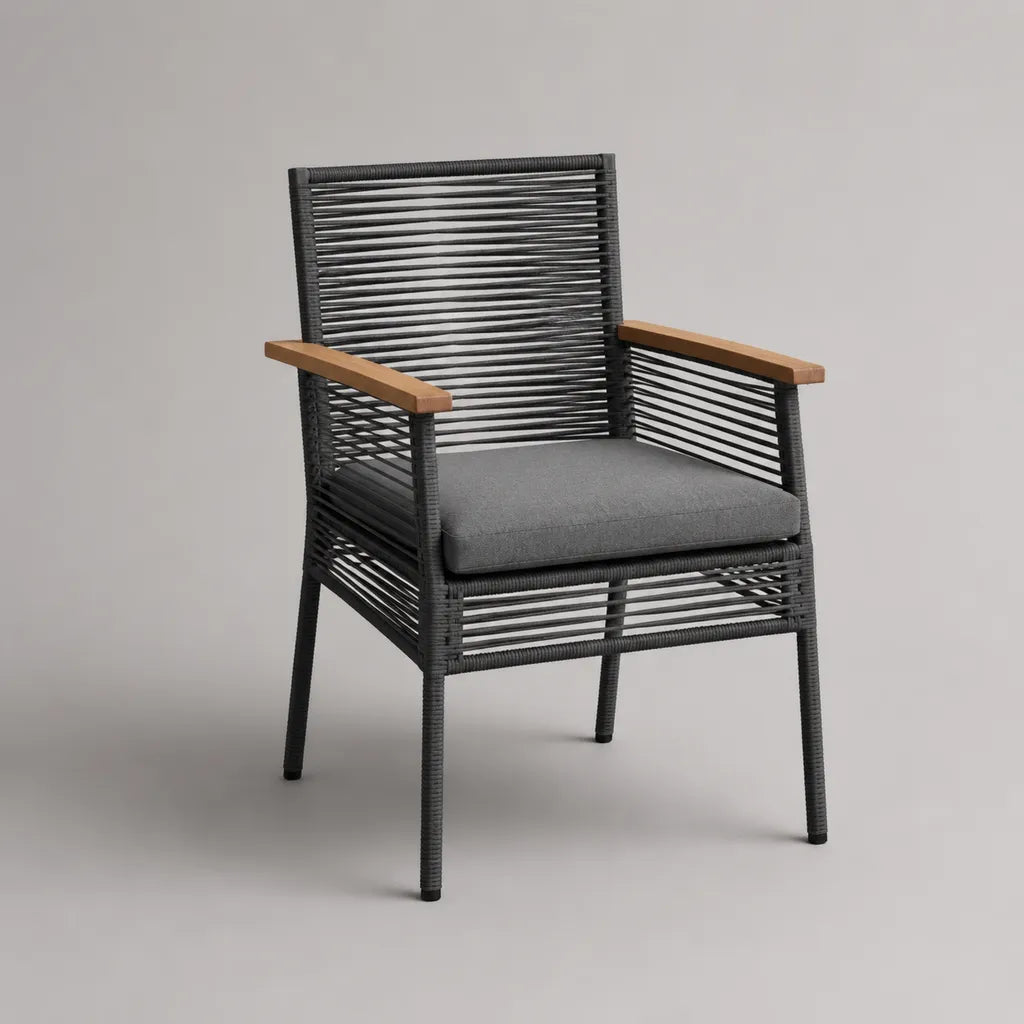Fauteuil de jardin extérieur en acier, résine tressée PE et bois, anthracite, marron et gris, 58 × 62 × 87 cm