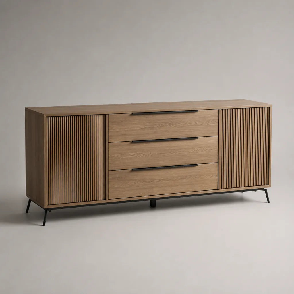 Buffet bas rectangulaire en panneaux plaqués chêne et acier noir, 2 portes et 3 tiroirs, chêne naturel et noir, 180 × 40 × 80 cm
