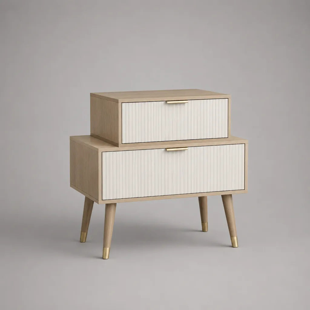 Table de chevet rectangulaire en bois et métal à 2 tiroirs, beige, blanc et laiton, 60 × 40 × 70 cm