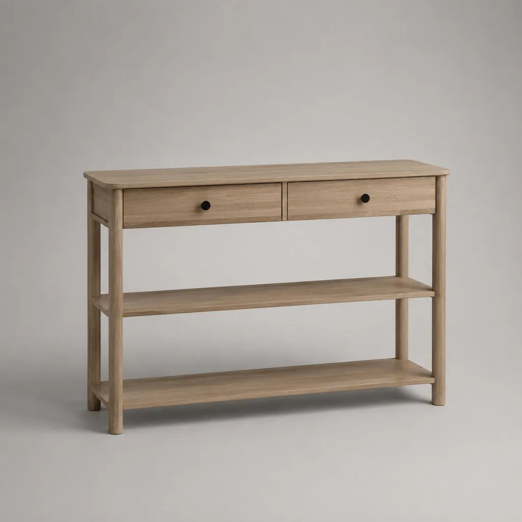 Console rectangulaire en bois et métal avec 2 tiroirs et 2 étagères, chêne clair/noir, 120 × 35 × 85 cm