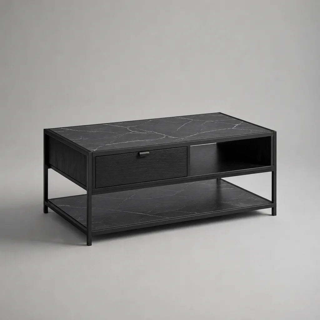 Table basse rectangulaire en MDF et acier avec tiroir, niche et étagère, noir et blanc effet marbre, 100 × 55 × 45 cm