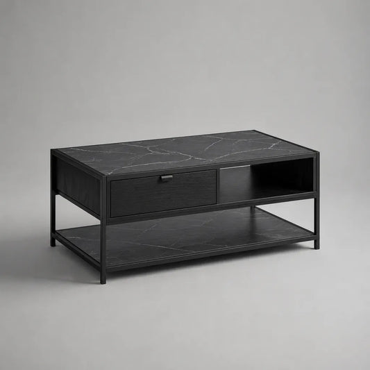Table basse rectangulaire en MDF et acier avec tiroir, niche et étagère, noir et blanc effet marbre, 100 × 55 × 45 cm