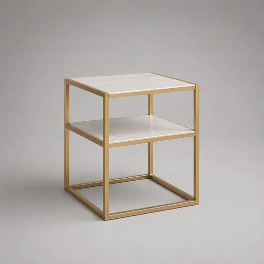 Table de chevet carrée en acier et MDF avec étagère, blanc effet marbre et doré, 45 × 45 × 55 cm