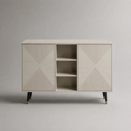 Buffet de rangement rectangulaire à 2 portes et 3 niches en MDF et acier, beige, 120 × 40 × 85 cm