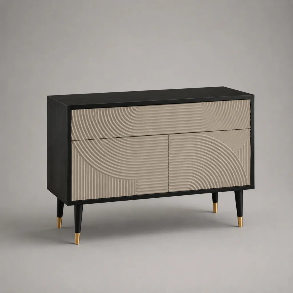 Buffet rectangulaire en MDF noir et beige avec détails dorés, 2 portes et 1 tiroir, 120 × 40 × 85 cm