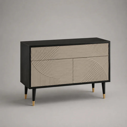 Buffet rectangulaire en MDF noir et beige avec détails dorés, 2 portes et 1 tiroir, 120 × 40 × 85 cm