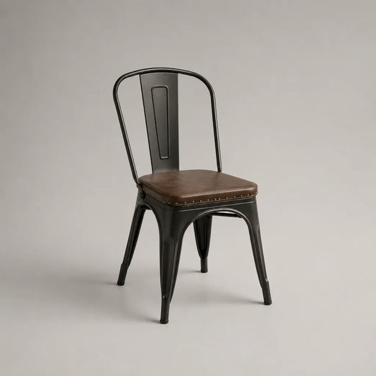 Chaise de salle à manger en acier noir avec assise rembourrée en similicuir marron, 44 × 50 × 85 cm