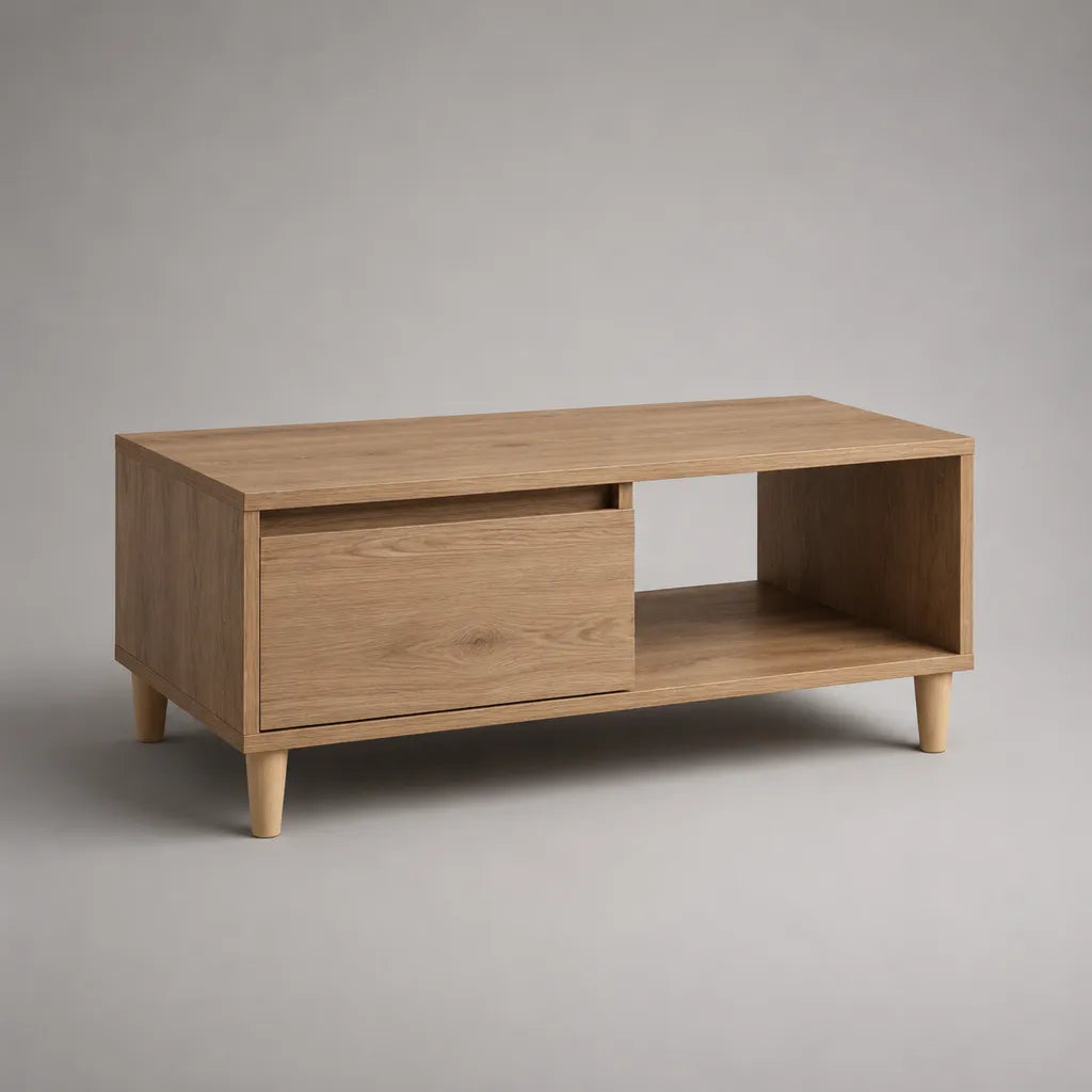 Table basse rectangulaire en panneaux de particules plaqués chêne naturel avec tiroir et niche, 100 × 50 × 45 cm