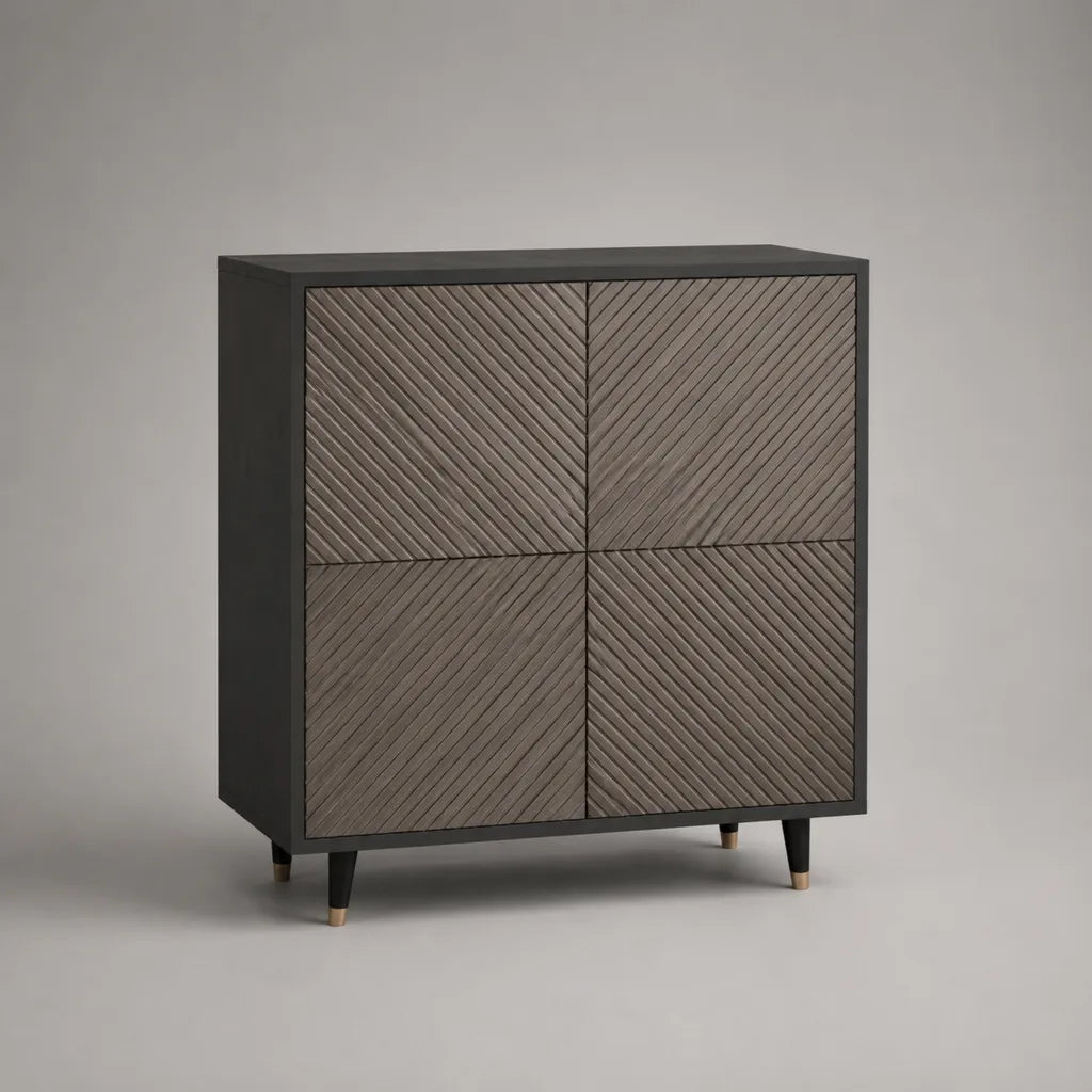 Buffet haut rectangulaire à 4 portes en bois et métal, noir et brun foncé, 100 × 40 × 120 cm