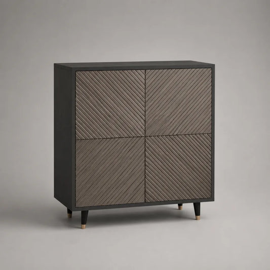 Buffet haut rectangulaire à 4 portes en bois et métal, noir et brun foncé, 100 × 40 × 120 cm