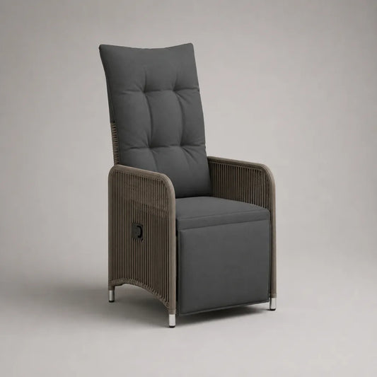 Chaise de jardin inclinable en résine tressée et acier, gris anthracite et taupe, 58 × 68 × 110 cm