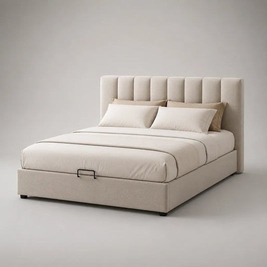Lit coffre 2 places rembourré en polyester beige/noir, couchage 160 x 200 cm, dimensions 218 x 172 x 115 cm
