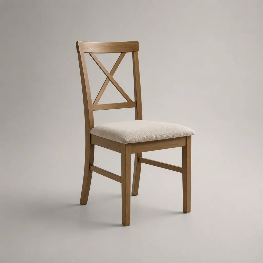 Chaise de salle à manger en bois massif, assise rembourrée beige, dossier en X, chêne clair, 45 × 52 × 92 cm