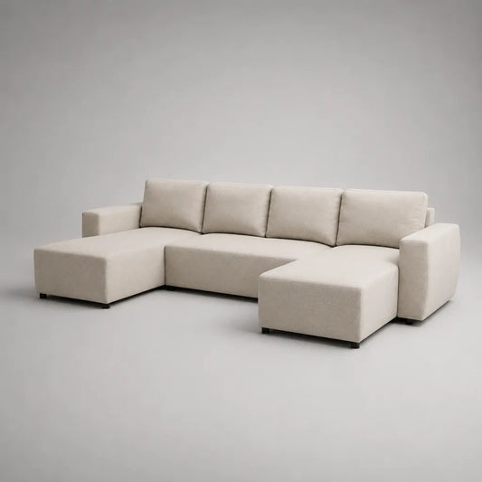 Canapé panoramique en U 6 places en tissu bouclé beige, 305 × 180 × 85 cm, ensemble modulaire de 3 éléments