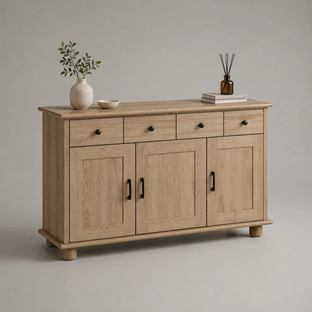 Buffet en bois à 3 portes et 4 tiroirs, chêne naturel et noir, 160 × 45 × 90 cm