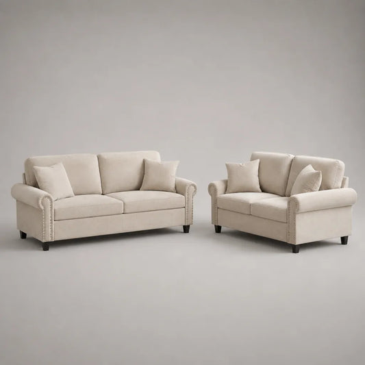 Lot de 2 canapés droits 3 et 2 places en velours polyester beige clair, 198 × 86 × 90 cm et 153 × 86 × 90 cm
