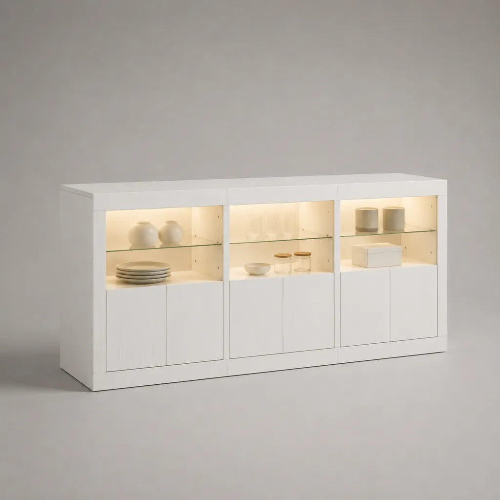 Ensemble de 3 buffets vitrines avec éclairage LED, 6 portes, panneaux de particules et verre trempé, blanc, 180 × 40 × 90 cm