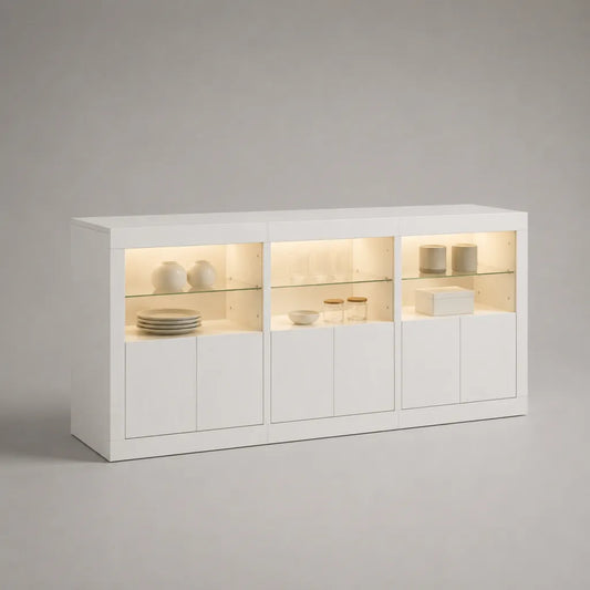 Ensemble de 3 buffets vitrines avec éclairage LED, 6 portes, panneaux de particules et verre trempé, blanc, 180 × 40 × 90 cm
