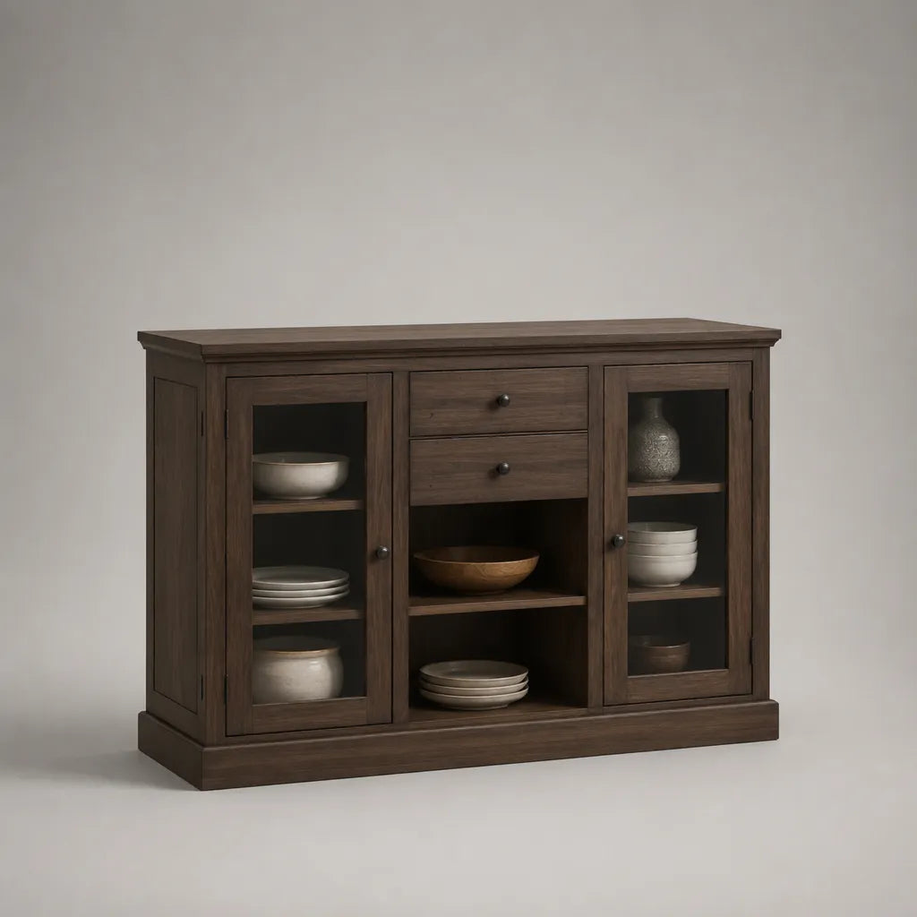 Buffet vaisselier en MDF plaqué noyer avec 2 portes vitrées, 2 tiroirs et 5 étagères, brun foncé, 140 x 40 x 90 cm