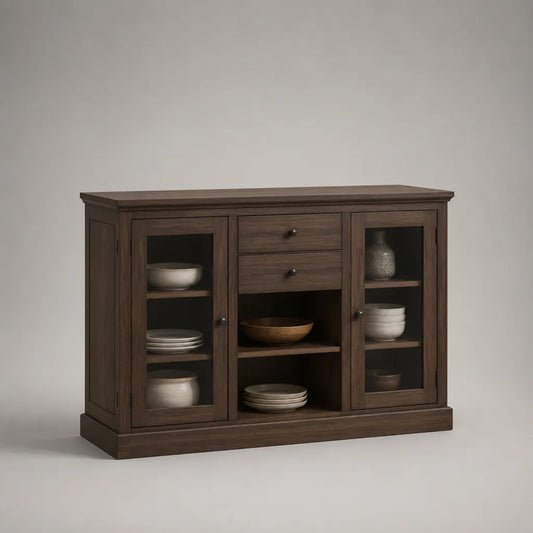 Buffet vaisselier en MDF plaqué noyer avec 2 portes vitrées, 2 tiroirs et 5 étagères, brun foncé, 140 x 40 x 90 cm