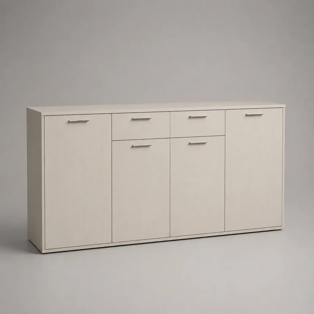 Buffet bas rectangulaire en panneaux de particules mélaminés blanc, 4 portes et 2 tiroirs, 180 × 40 × 85 cm