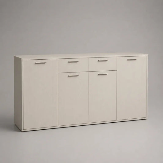 Buffet bas rectangulaire en panneaux de particules mélaminés blanc, 4 portes et 2 tiroirs, 180 × 40 × 85 cm