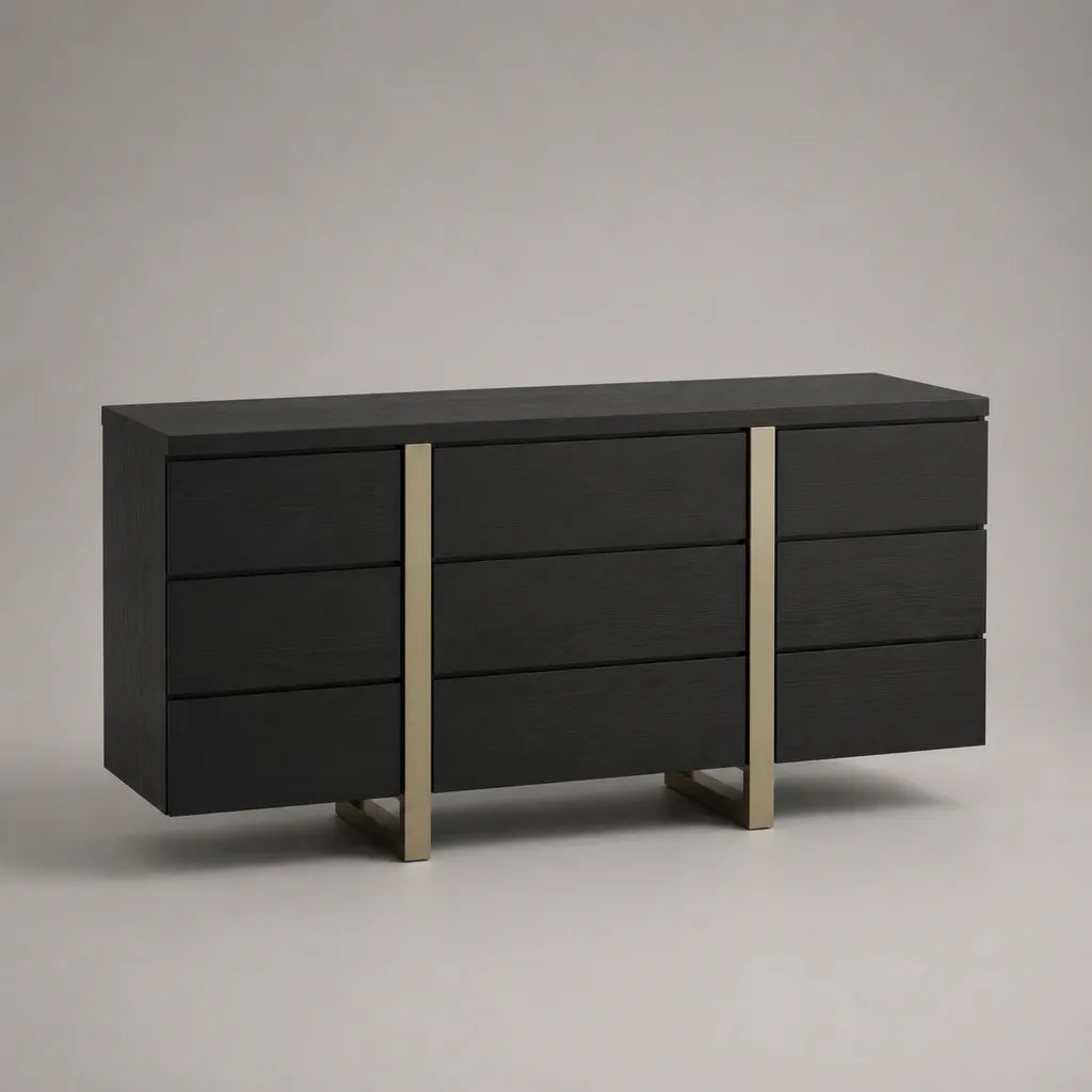 Buffet bas rectangulaire à 9 tiroirs en bois et métal noir et champagne, 160 × 40 × 85 cm