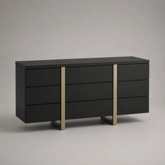 Buffet bas rectangulaire à 9 tiroirs en bois et métal noir et champagne, 160 × 40 × 85 cm