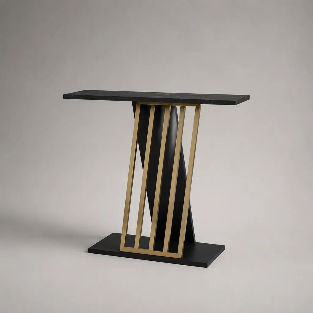 Table console rectangulaire en MDF et acier noir et doré, 120 × 35 × 80 cm