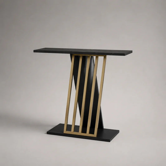 Table console rectangulaire en MDF et acier noir et doré, 120 × 35 × 80 cm