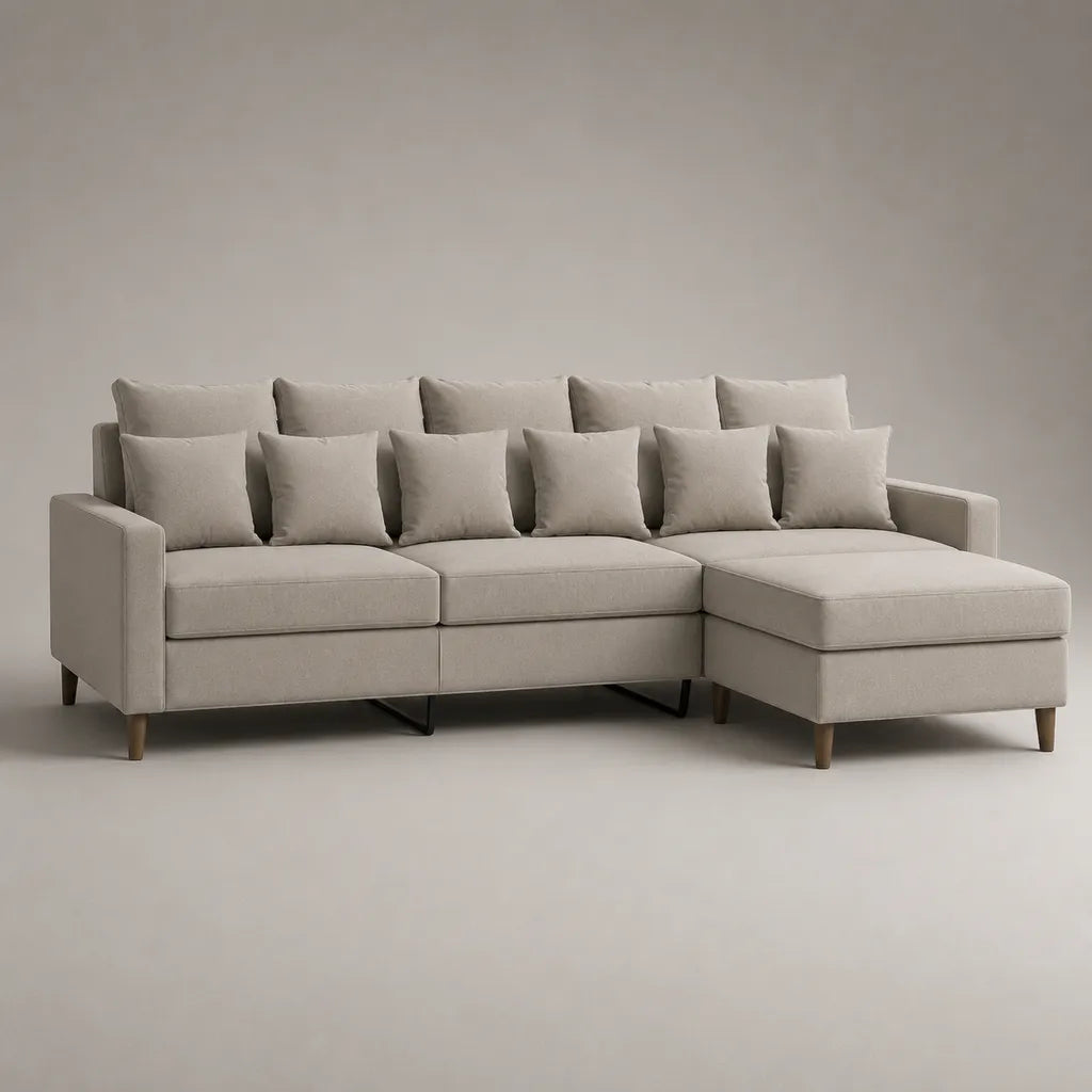 Canapé d’angle 4 places en L avec méridienne droite en tissu beige, 280 x 160 x 90 cm