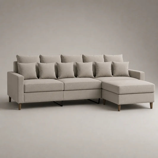 Canapé d’angle 4 places en L avec méridienne droite en tissu beige, 280 x 160 x 90 cm