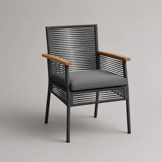 Fauteuil de jardin extérieur en acier, résine tressée PE et bois, anthracite, marron et gris, 58 × 62 × 87 cm
