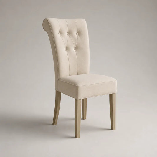 Chaise de salle à manger rembourrée en polyester et bois d’hévéa, dossier haut capitonné, beige et chêne clair, 48 × 58 × 101 cm