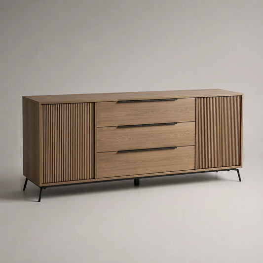 Buffet bas rectangulaire en panneaux plaqués chêne et acier noir, 2 portes et 3 tiroirs, chêne naturel et noir, 180 × 40 × 80 cm