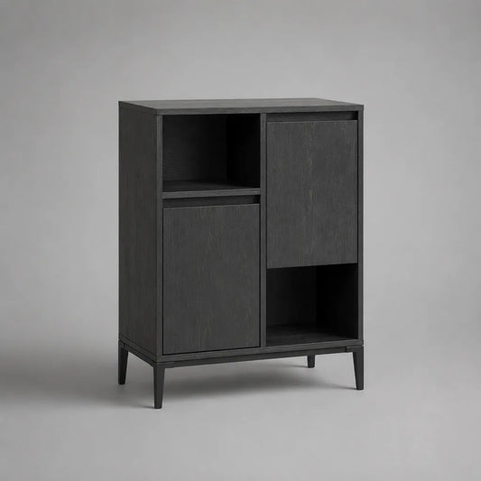 Buffet haut rectangulaire noir en panneaux de particules et acier, 2 portes et 2 niches, 80 x 40 x 110 cm