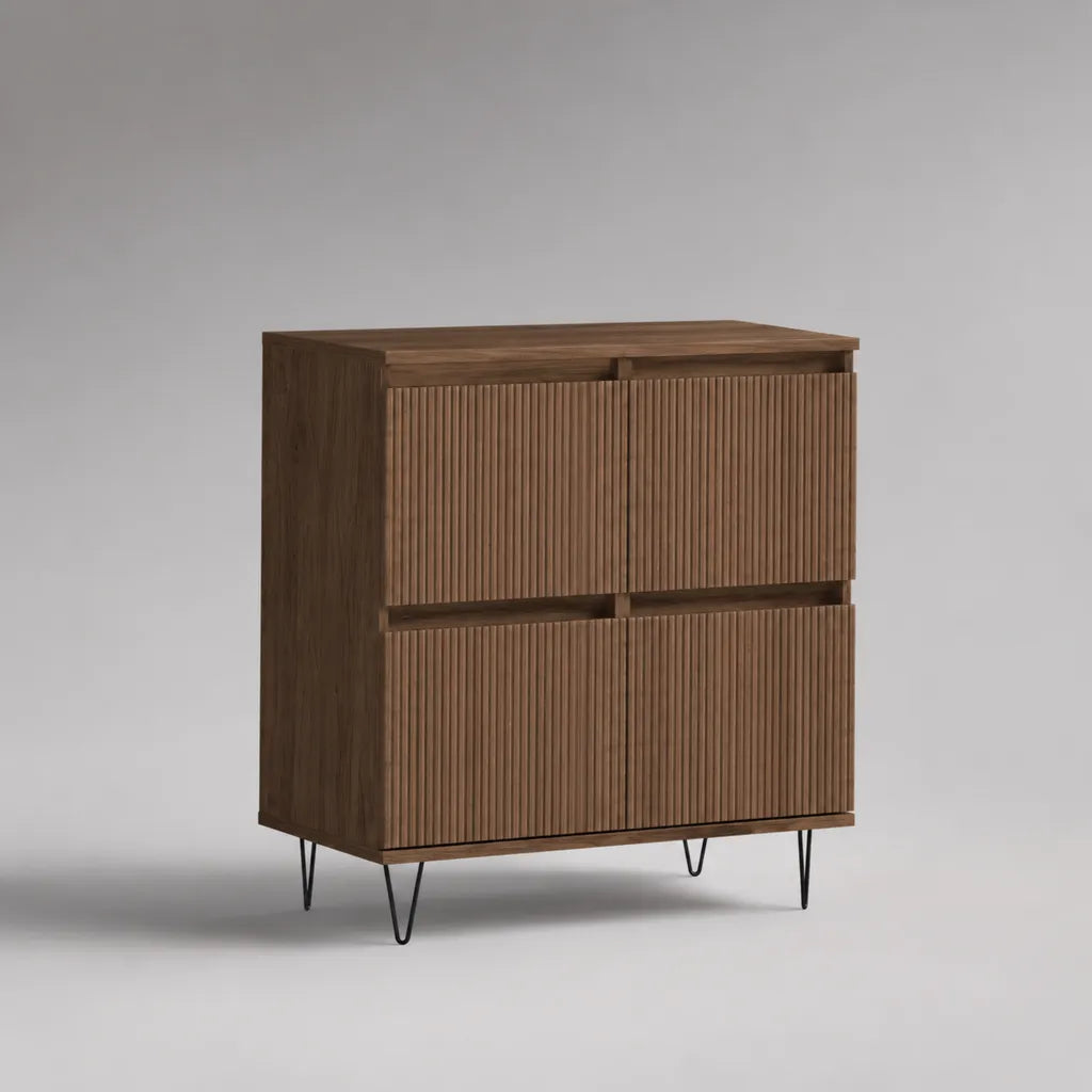 Buffet de rangement rectangulaire à 4 portes en MDF plaqué noyer brun et acier noir, 100 × 40 × 115 cm