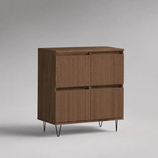 Buffet de rangement rectangulaire à 4 portes en MDF plaqué noyer brun et acier noir, 100 × 40 × 115 cm