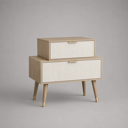 Table de chevet rectangulaire en bois et métal à 2 tiroirs, beige, blanc et laiton, 60 × 40 × 70 cm