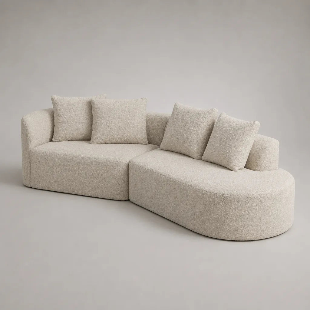 Canapé modulable 4 places en tissu bouclette, 2 modules arrondis, écru, 300 × 120 × 82 cm