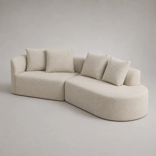 Canapé modulable 4 places en tissu bouclette, 2 modules arrondis, écru, 300 × 120 × 82 cm