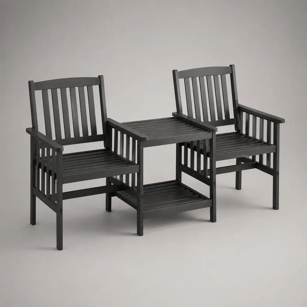 Ensemble de jardin extérieur en bois avec 2 fauteuils reliés et table rectangulaire, noir, 164 × 63 × 89 cm