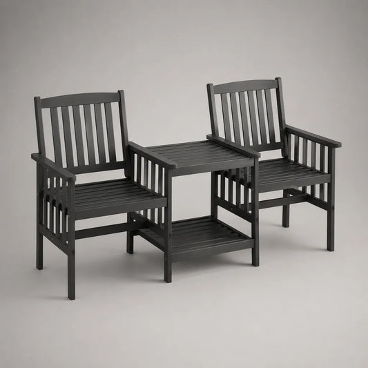 Ensemble de jardin extérieur en bois avec 2 fauteuils reliés et table rectangulaire, noir, 164 × 63 × 89 cm
