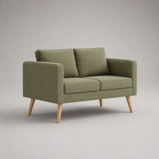 Canapé 2 places en tissu avec pieds en bois, vert olive, 145 × 78 × 82 cm