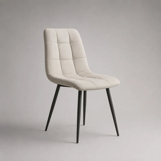 Chaise de salle à manger capitonnée en polyester écru avec pieds en acier noir, 49 × 57 × 86 cm