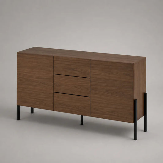 Buffet de rangement à 2 portes et 3 tiroirs en MDF plaqué noyer avec pieds en acier noir, 150 × 40 × 85 cm